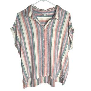 Orvis Linen Striped Button Down Cap Sleeved Top Size L
